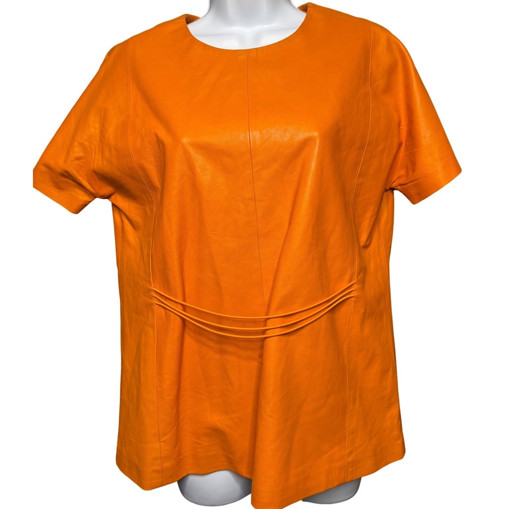 TANYA TAYLOR Womens Orange Leather Short Sleeve Top Sz 6 Cord Detail‎ Chic Luxe